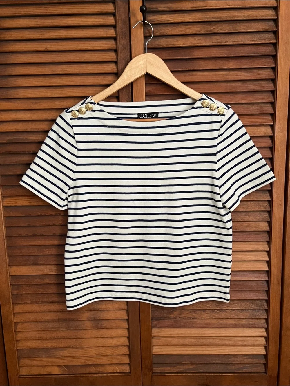 J. Crew White and Navy Striped Short Sleeve Boatneck Top with Gold Buttons